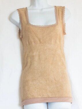 Rare Vgt Thick Terry Cloth Lace Trim Tank Top 50% Stretch Boho Nude Tan Sz S M L